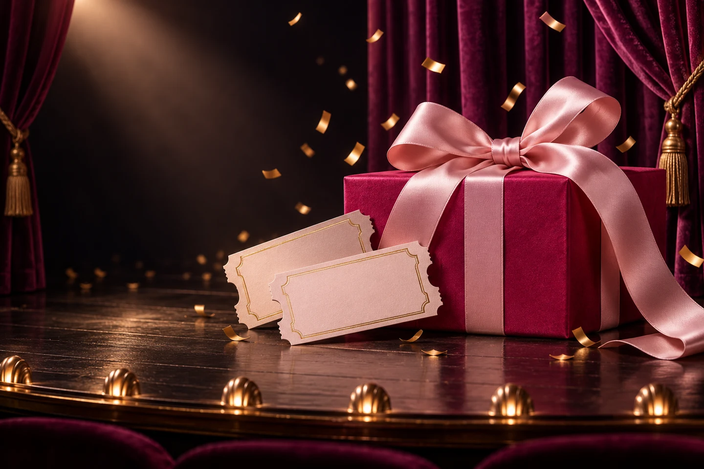 Original celebratory theatre gift card with velvet curtains and a satin bow
